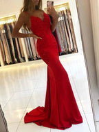 Mermaid V Neck Backless Lace Beaded Long Prom Dresses Red Formal Evening Gowns by BIZTUNNEL