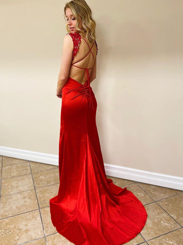 Vestidos de fiesta largos de satén con encaje, escote en V y espalda descubierta, de sirena, con abertura y espalda abierta, vestidos de noche formales rojos
