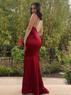 Mermaid V Neck Backless Satin Long Prom Dresses Open Back Formal Evening Gowns by BIZTUNNEL