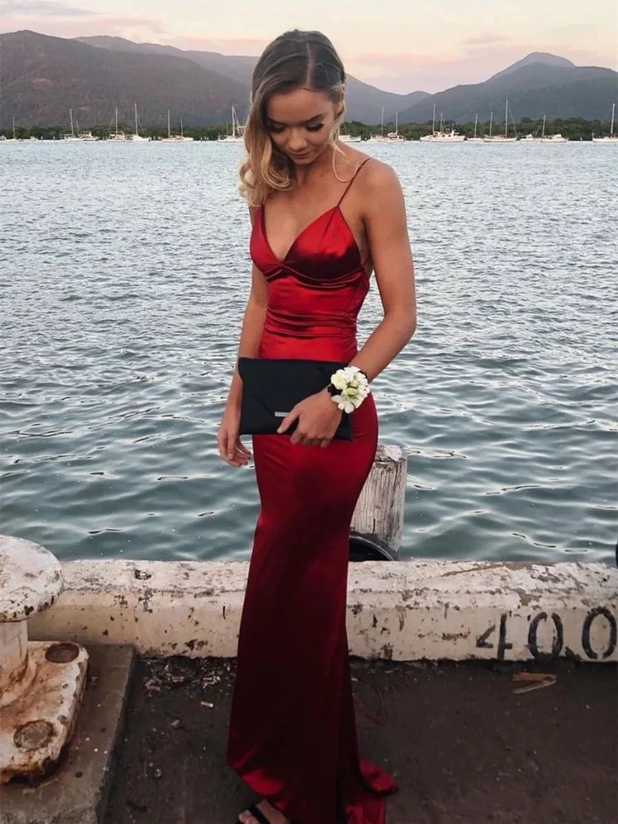 Mermaid V Neck Backless Satin Long Prom Dresses Open Back Formal Evening Gowns by BIZTUNNEL