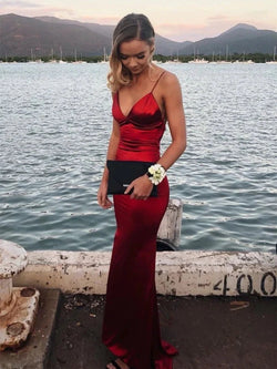 Mermaid V Neck Backless Satin Long Prom Dresses Open Back Formal Evening Gowns by BIZTUNNEL