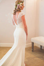 Mermaid V-Neck Court Train Low Cut Satin Wedding Dress with Lace WD279 by pgmdress