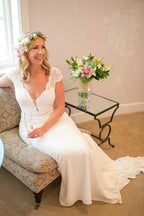 Mermaid V-Neck Court Train Low Cut Satin Wedding Dress with Lace WD279 by pgmdress