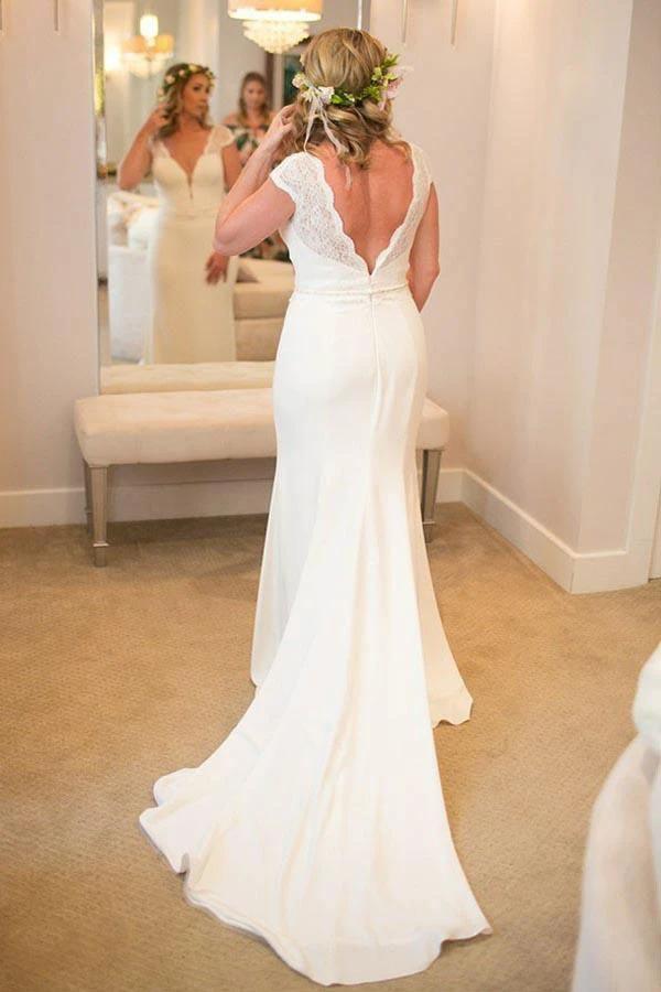 Mermaid V-Neck Court Train Low Cut Satin Wedding Dress with Lace WD279 by pgmdress