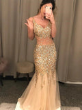 Mermaid V Neck Long Backless Prom Dresses Tulle Beads Formal Evening Gowns by BIZTUNNEL