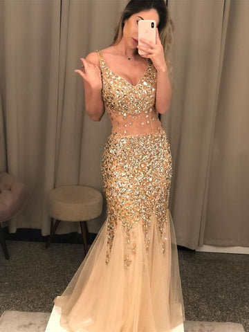 Vestidos de fiesta largos de sirena con escote en V y espalda descubierta, de tul con cuentas, vestidos de noche formales