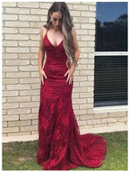 Mermaid V-neck Open Back Lace Long Burgundy Prom Dress by BIZTUNNEL