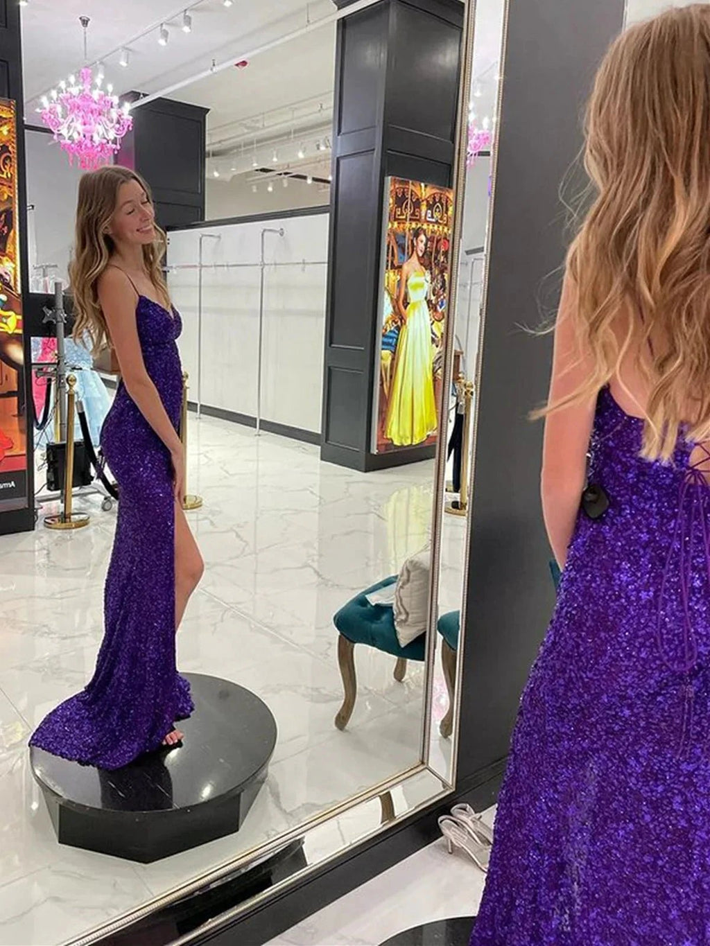 Mermaid V Neck Open Back Long Prom Dresses with Slit Sequins Formal Graduation Evening Gowns by BIZTUNNEL