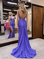 Lunarise | Mermaid V Neck Purple Satin Long Prom Dresses with Beading by KissProm