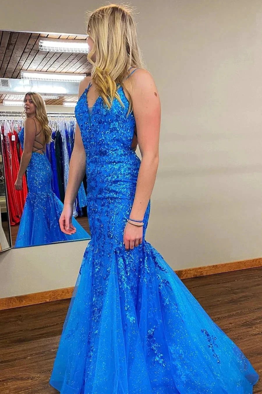 Zadie | Mermaid V Neck Sequins Lace Long Prom Dresses with Appliques by KissProm