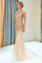 Mermaid V-neck Sleeveless Crystals Beading Long Evening Dresses by BIZTUNNEL