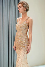 Mermaid V-neck Sleeveless Crystals Beading Long Evening Dresses by BIZTUNNEL