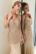 Mermaid V-neck Sleeveless Crystals Beading Long Evening Dresses by BIZTUNNEL