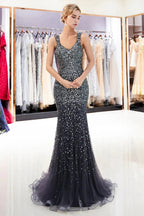 Mermaid V-neck Sleeveless Crystals Beading Long Evening Dresses by BIZTUNNEL