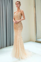 Mermaid V-neck Sleeveless Crystals Beading Long Evening Dresses by BIZTUNNEL