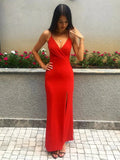 Mermaid V Neck Sleeveless Floor Length Red Long Prom Dresses with Split by BIZTUNNEL
