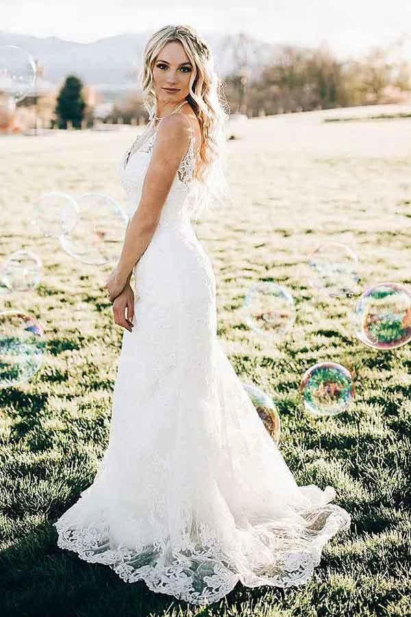 Mermaid V-Neck Sweep Train Sleeveless Lace Wedding Dress WD322 by pgmdress