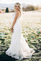 Mermaid V-Neck Sweep Train Sleeveless Lace Wedding Dress WD322 by pgmdress