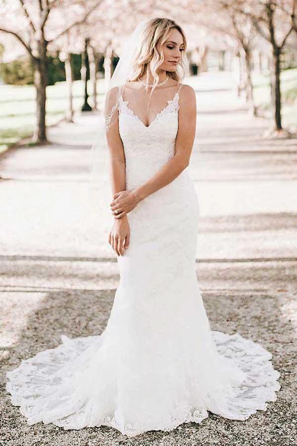 Mermaid V-Neck Sweep Train Sleeveless Lace Wedding Dress WD322 by pgmdress