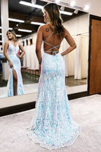 Hot Pink Sparkly Prom Dress With Slit Sequin Lace Dress by vivymakudress