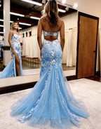 Aubrie |Mermaid Spaghetti Straps Lace Tulle Prom Dress with Slit by KissProm