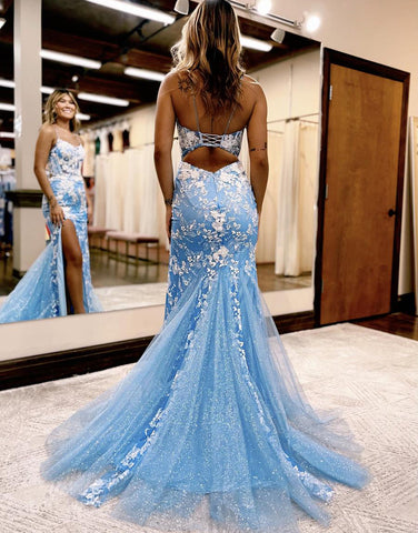 Aubrie |Meerjungfrauen-Ballkleid mit Spaghettiträgern und Spitzentüll und Schlitz