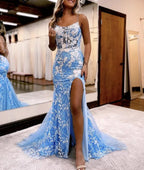 Aubrie |Mermaid Spaghetti Straps Lace Tulle Prom Dress with Slit by KissProm