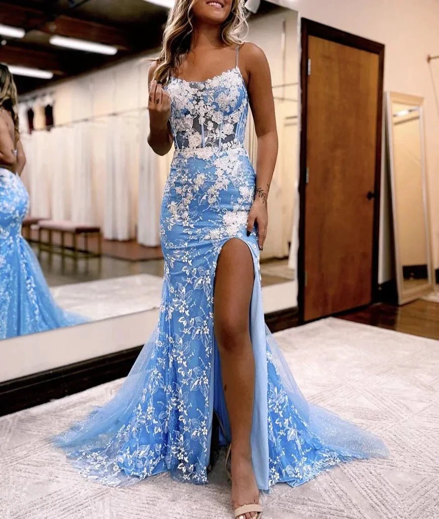 Aubrie |Mermaid Spaghetti Straps Lace Tulle Prom Dress with Slit by KissProm