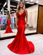Leila |Mermaid Deep V Neck Satin Long Prom Dress with Appliques by KissProm