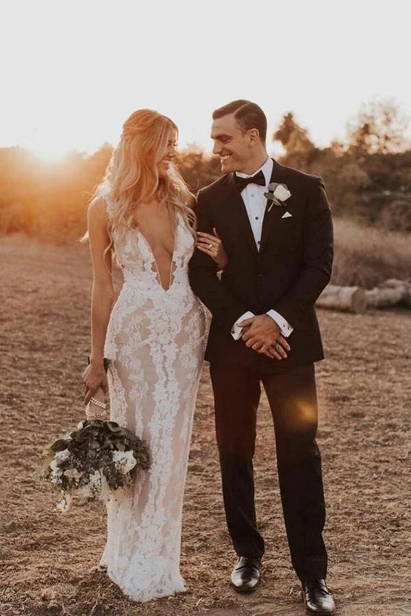 Mermaid/Trumpet Deep V-neck Lace Boho Wedding Dress Bridal Gown WD524 by pgmdress