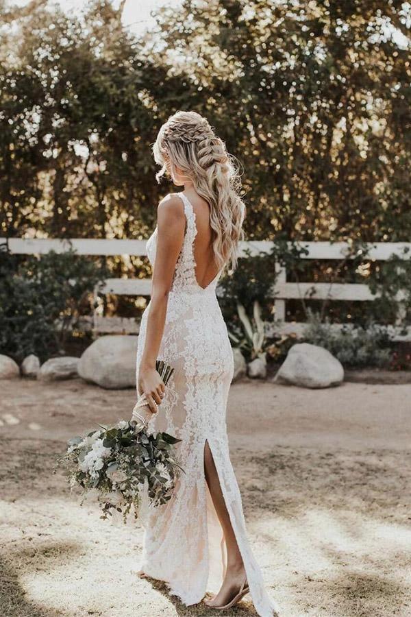 Mermaid/Trumpet Deep V-neck Lace Boho Wedding Dress Bridal Gown WD524 by pgmdress