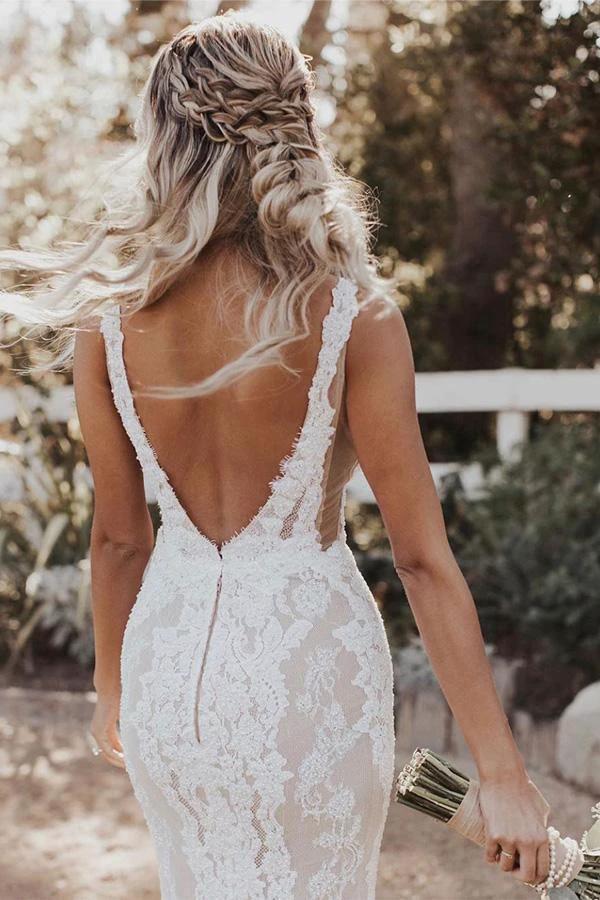 Mermaid/Trumpet Deep V-neck Lace Boho Wedding Dress Bridal Gown WD524 by pgmdress