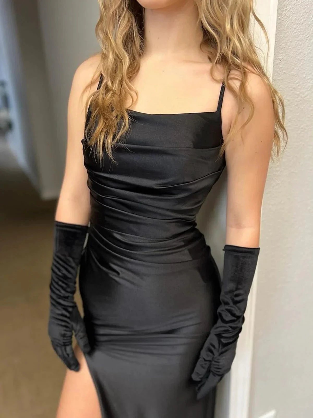 Merrilynne | Black Spaghetti Straps High Slit Mermaid Satin Pleated Prom Dress by KissProm
