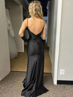 Merrilynne | Black Spaghetti Straps High Slit Mermaid Satin Pleated Prom Dress by KissProm