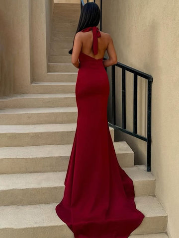 Merritt | Halter Sleeveless Satin Pleated Mermaid Prom Dress with Train