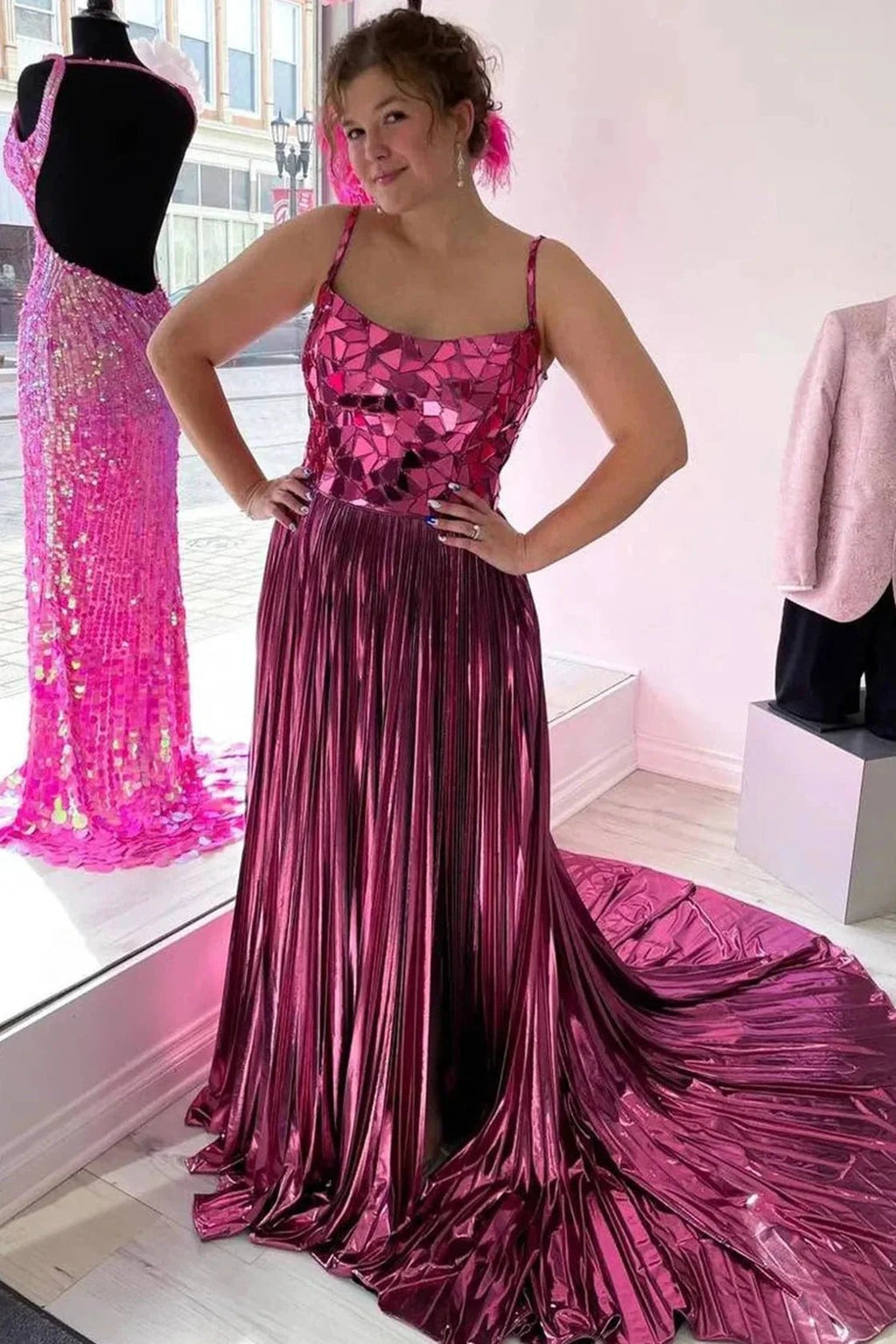 Yesenia | Metallic Off-the-Shoulder Pleated Prom Dress with Broken Mirrors by KissProm
