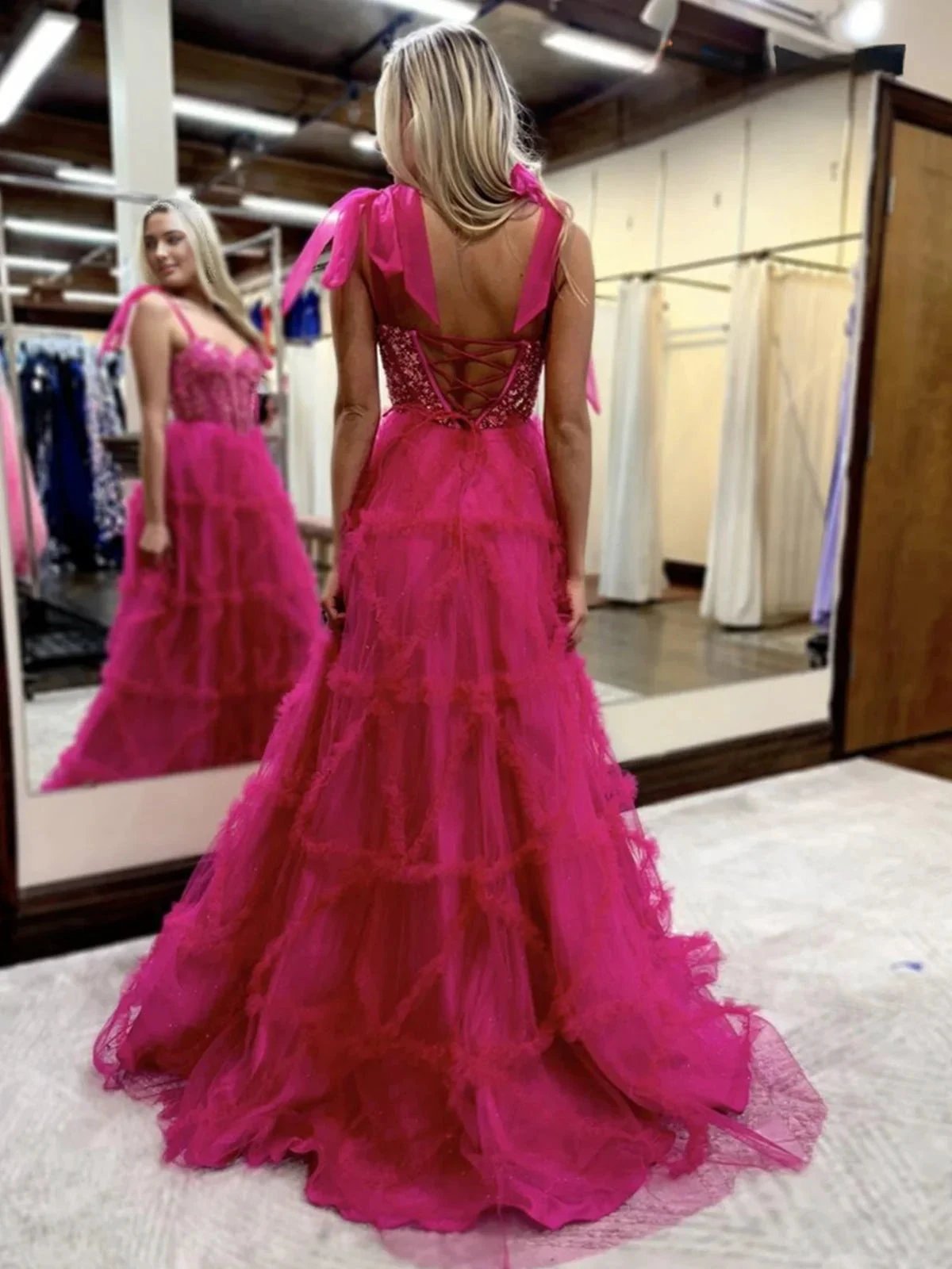 Michaella | Fuchsia A Line Sweetheart Tiered Tulle Long Prom Dresses by KissProm