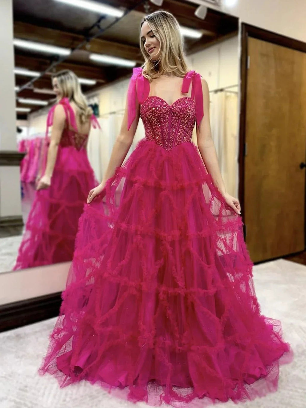 Michaella | Fuchsia A Line Sweetheart Tiered Tulle Long Prom Dresses by KissProm