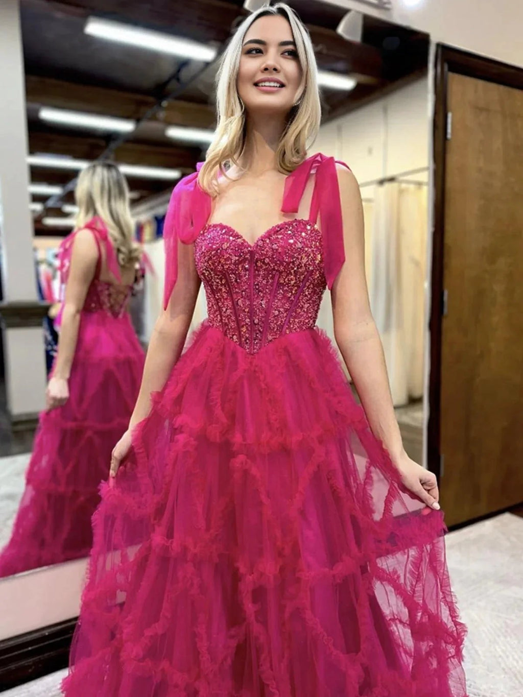 Michaella | Fuchsia A Line Sweetheart Tiered Tulle Long Prom Dresses by KissProm