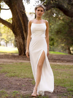 Ivory Spaghetti Straps Slip Bridesmaid Dress with Open Back and Slit by Anne of Brittany