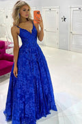 Mikaela | Royal Blue Sequin Lace V-Neck A-Line Long Prom Dress by KissProm