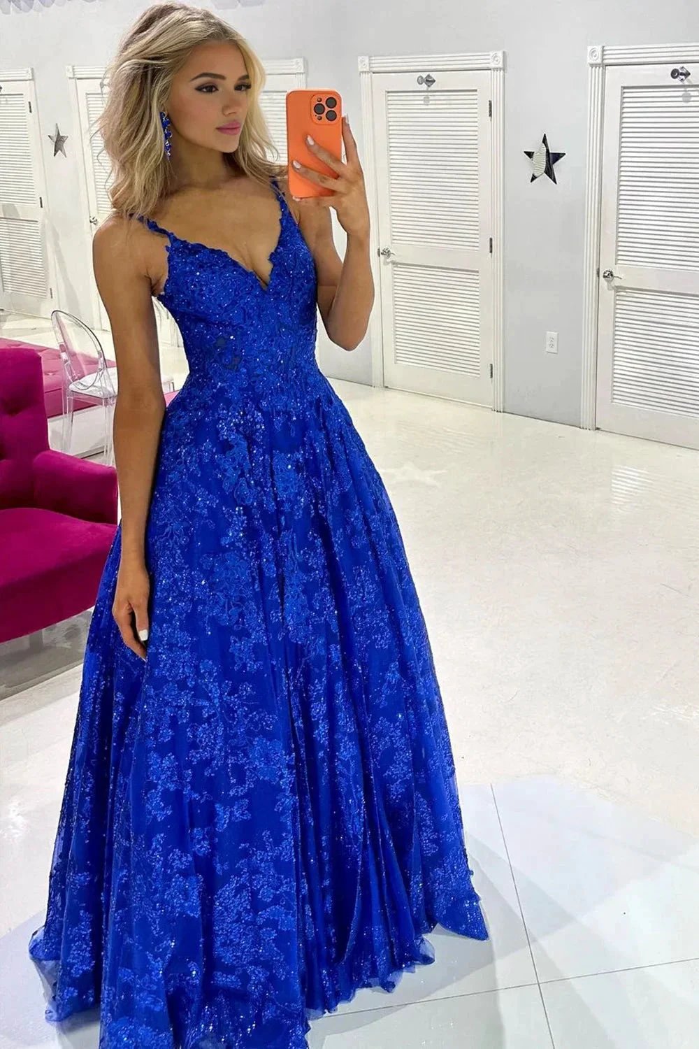 Mikaela | Royal Blue Sequin Lace V-Neck A-Line Long Prom Dress by KissProm