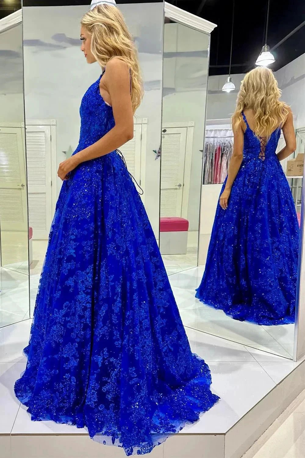Mikaela | Royal Blue Sequin Lace V-Neck A-Line Long Prom Dress by KissProm