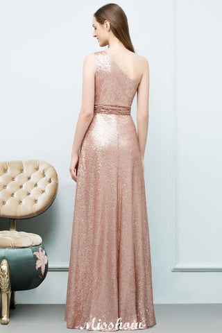Vestido de noche Missshow de corte A con lentejuelas, un solo hombro y largo hasta el suelo