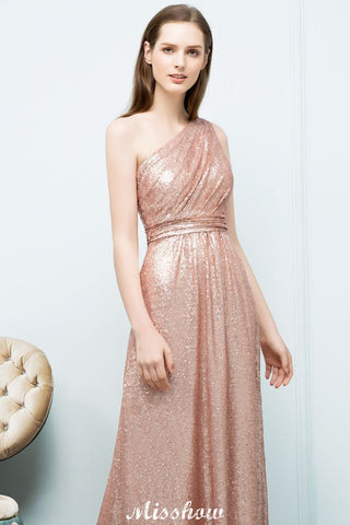 Vestido de noche Missshow de corte A con lentejuelas, un solo hombro y largo hasta el suelo