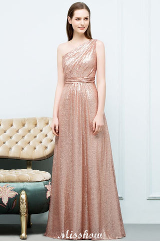 Vestido de noche Missshow de corte A con lentejuelas, un solo hombro y largo hasta el suelo