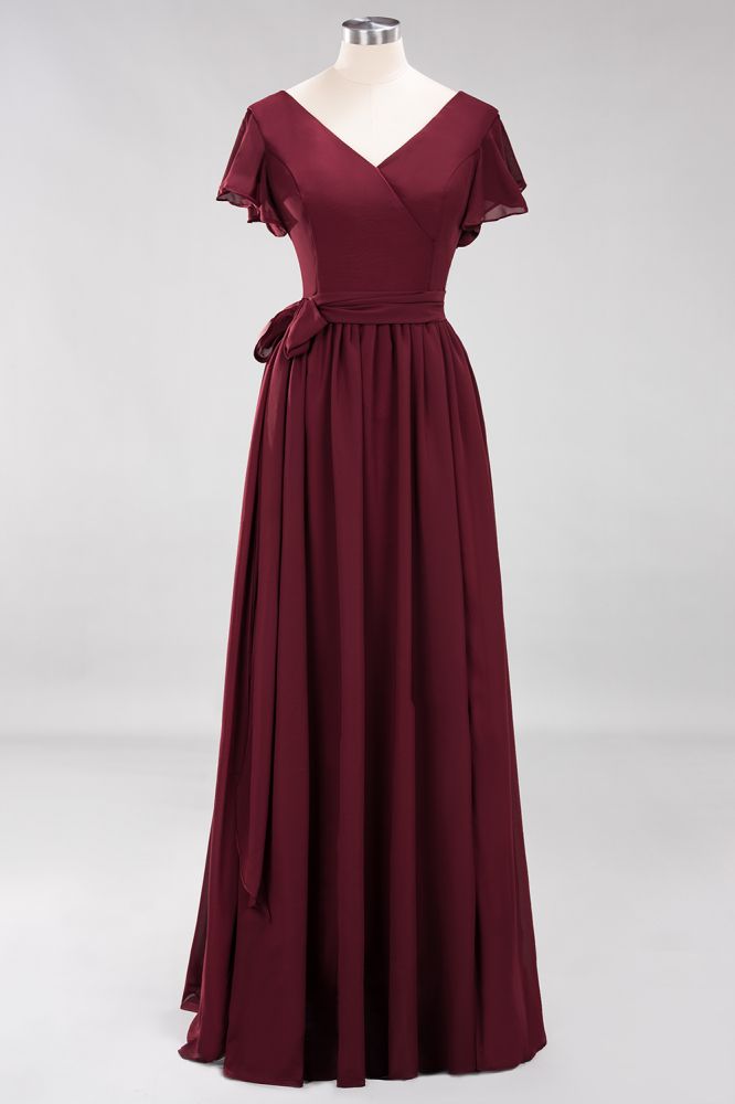 Elegant A-line V-Neck Short Sleeve Bridesmaid Dresses with Bow Sash Floor-Length Chiffon Evening Dress