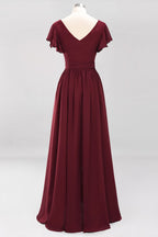 Elegant A-line V-Neck Short Sleeve Bridesmaid Dresses with Bow Sash Floor-Length Chiffon Evening Dress