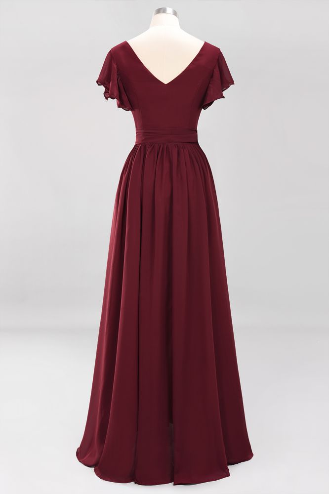 Elegant A-line V-Neck Short Sleeve Bridesmaid Dresses with Bow Sash Floor-Length Chiffon Evening Dress