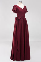 Elegant A-line V-Neck Short Sleeve Bridesmaid Dresses with Bow Sash Floor-Length Chiffon Evening Dress